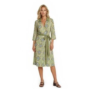 J McLaughlin Wrap Dress Women's Size Small Green Yellow 3/4 Sleeve Jersey